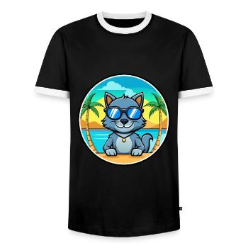 Russian Blue Cat Breed Cartoon Sunglasses Beach - Men's Ringer Shirt - black/white - Front - AI Model Female 172 light (172cm) & AI Model Male 178 light (178cm)