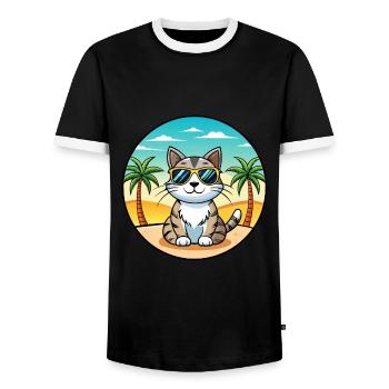 American Wirehair Cat Breed Cartoon Sunglass Beach - Men's Ringer Shirt - black/white - Front - AI Model Female 172 light (172cm) & AI Model Male 178 light (178cm)