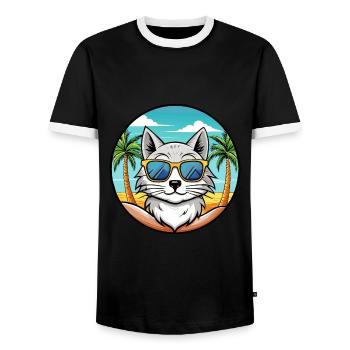Turkish Angora Cat Breed Cartoon Sunglasses Beach - Men's Ringer Shirt - black/white - Front - AI Model Female 172 light (172cm) & AI Model Male 178 light (178cm)