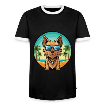 Australian Silky Terrier Dog Breed Cartoon Beach - Men's Ringer Shirt - black/white - Front - AI Model Female 172 light (172cm) & AI Model Male 178 light (178cm)