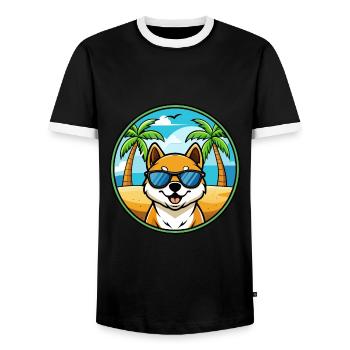 Shikoku Dog Breed Cartoon Sunglasses Beach - Men's Ringer Shirt - black/white - Front - AI Model Female 172 light (172cm) & AI Model Male 178 light (178cm)