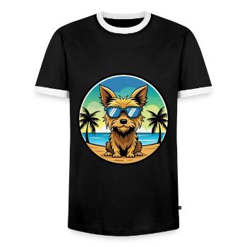 Australian Silky Terrier Dog Breed Cartoon Beach - Men's Ringer Shirt - black/white - Front - AI Model Female 172 light (172cm) & AI Model Male 178 light (178cm)