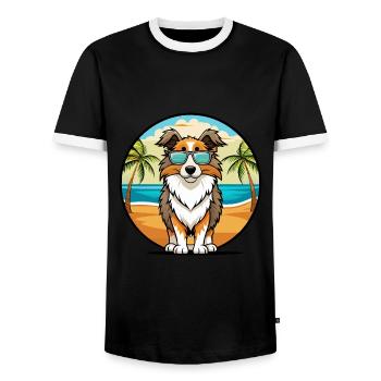 English Shepherd Dog Breed Cartoon Sunglass Beach - Men's Ringer Shirt - black/white - Front - AI Model Female 172 light (172cm) & AI Model Male 178 light (178cm)