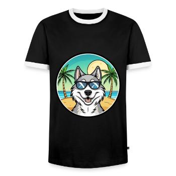 Northern Inuit Dog Breed Cartoon Sunglasses Beach - Men's Ringer Shirt - black/white - Front - AI Model Female 172 light (172cm) & AI Model Male 178 light (178cm)