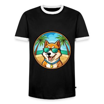 Shikoku Dog Breed Cartoon Sunglasses Beach - Men's Ringer Shirt - black/white - Front - AI Model Female 172 light (172cm) & AI Model Male 178 light (178cm)