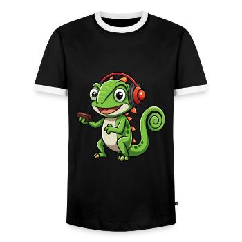 Chameleon Funny Cartoon Character Headphone Music - Men's Ringer Shirt - black/white - Front - AI Model Female 172 light (172cm) & AI Model Male 178 light (178cm)