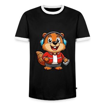 Beaver Funny Cartoon Character Headphone Music - Men's Ringer Shirt - black/white - Front - AI Model Female 172 light (172cm) & AI Model Male 178 light (178cm)