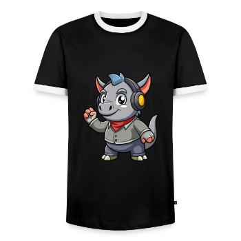 Rhino Lustige Zeichentrickfigur Kopfhörer Musik - Männer Kontrast-T-Shirt - Schwarz/Weiß - Vorne - AI Model Female 172 light (172cm) & AI Model Male 178 light (178cm)
