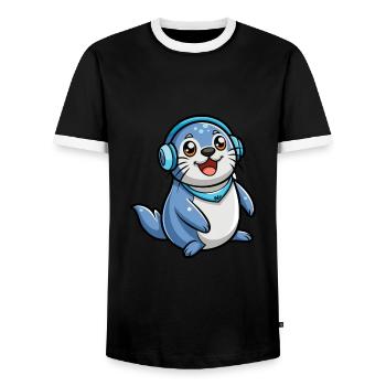 Siegel Lustige Zeichentrickfigur Kopfhörer Musik - Männer Kontrast-T-Shirt - Schwarz/Weiß - Vorne - AI Model Female 172 light (172cm) & AI Model Male 178 light (178cm)