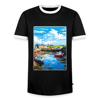 Bude Cornwall England Travel Poster Souvenir WPA - Men's Ringer Shirt - black/white - Front - AI Model Female 172 light (172cm) & AI Model Male 178 light (178cm)