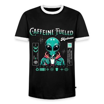 Caffeine-Charged Madness - Funny Alien Theme - Men's Ringer Shirt - black/white - Front - AI Model Female 172 light (172cm) & AI Model Male 178 light (178cm)