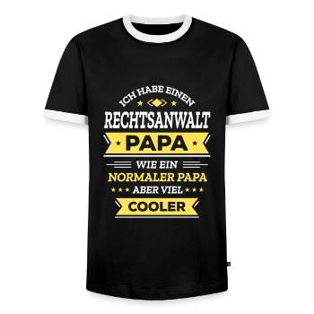 RECHTSANWALT PAPA COOL, KLUG, GERECHT, POWER - Männer Kontrast-T-Shirt - Schwarz/Weiß - Vorne - AI Model Female 172 light (172cm) & AI Model Male 178 light (178cm)