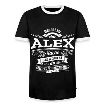 ALEX, DER KATALYSATOR FÜR DEINEN ERFOLG - Männer Kontrast-T-Shirt - Schwarz/Weiß - Vorne - AI Model Female 172 light (172cm) & AI Model Male 178 light (178cm)