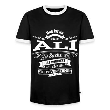 ALI, DER KATALYSATOR FÜR DEINEN ERFOLG - Männer Kontrast-T-Shirt - Schwarz/Weiß - Vorne - AI Model Female 172 light (172cm) & AI Model Male 178 light (178cm)