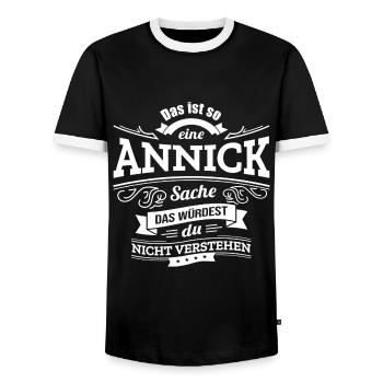 ANNICK, DER KATALYSATOR FÜR DEINEN ERFOLG - Männer Kontrast-T-Shirt - Schwarz/Weiß - Vorne - AI Model Female 172 light (172cm) & AI Model Male 178 light (178cm)