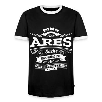 ARES, DER KATALYSATOR FÜR DEINEN ERFOLG - Männer Kontrast-T-Shirt - Schwarz/Weiß - Vorne - AI Model Female 172 light (172cm) & AI Model Male 178 light (178cm)