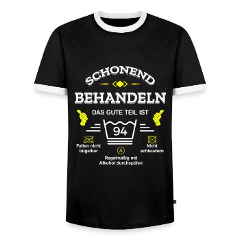 HANDLE MIT SORGFALT – 94 JAHRE PERFEKTION - Männer Kontrast-T-Shirt - Schwarz/Weiß - Vorne - AI Model Female 172 light (172cm) & AI Model Male 178 light (178cm)
