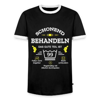 HANDLE MIT SORGFALT – 99 JAHRE PERFEKTION - Männer Kontrast-T-Shirt - Schwarz/Weiß - Vorne - AI Model Female 172 light (172cm) & AI Model Male 178 light (178cm)