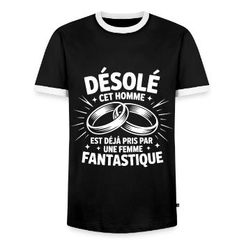 Men's T-shirt: Taken by an exceptional woman - Men's Ringer Shirt - black/white - Front - AI Model Female 172 light (172cm) & AI Model Male 178 light (178cm)
