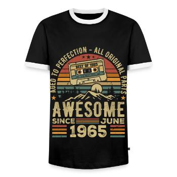 June 1965 Vintage Born In June 1965 Birthday - Men's Ringer Shirt - black/white - Front - AI Model Female 172 light (172cm) & AI Model Male 178 light (178cm)