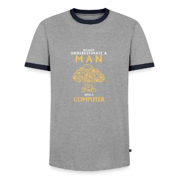 UNTERSCHÄTZE NIEMALS EINEN MANN MIT EINEM COMPUTER - Männer Kontrast-T-Shirt - Grau/Navy  - Vorne - AI Model Female 172 light (172cm) & AI Model Male 178 light (178cm)