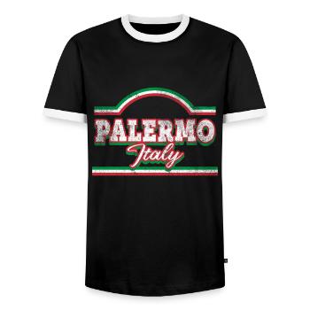 Palermo Italy City Skyline Font Vintage - Men's Ringer Shirt - black/white - Front - AI Model Female 172 light (172cm) & AI Model Male 178 light (178cm)