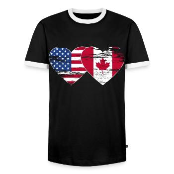 États-Unis, Canada, Drapeau Coeur Utilisé - T-shirt contrasté Homme - noir/blanc - Devant - AI Model Female 172 light (172cm) & AI Model Male 178 light (178cm)