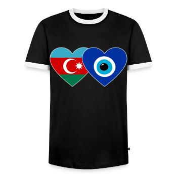 Azerbaijan Nazar Pearl Flag Heart - Men's Ringer Shirt - black/white - Front - AI Model Female 172 light (172cm) & AI Model Male 178 light (178cm)