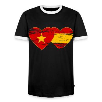 Vietnam Espagne Drapeau Coeur Utilisé - T-shirt contrasté Homme - noir/blanc - Devant - AI Model Female 172 light (172cm) & AI Model Male 178 light (178cm)