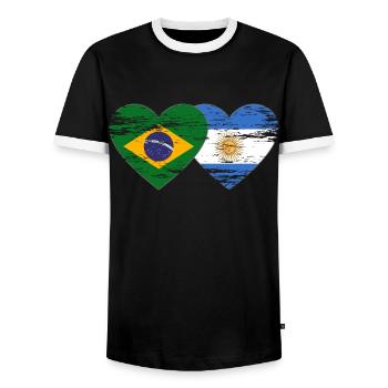 Brésil Argentine Drapeau Coeur Utilisé - T-shirt contrasté Homme - noir/blanc - Devant - AI Model Female 172 light (172cm) & AI Model Male 178 light (178cm)