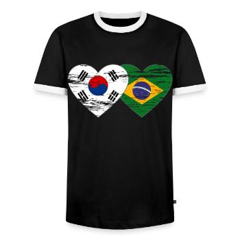 South Korea Brazil Flag Heart Used - Men's Ringer Shirt - black/white - Front - AI Model Female 172 light (172cm) & AI Model Male 178 light (178cm)