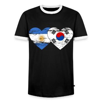 Argentina South Korea Flag Heart Used - Men's Ringer Shirt - black/white - Front - AI Model Female 172 light (172cm) & AI Model Male 178 light (178cm)
