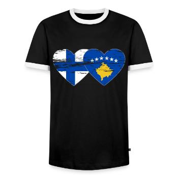 Finland Kosovo flag heart used - Men's Ringer Shirt - black/white - Front - AI Model Female 172 light (172cm) & AI Model Male 178 light (178cm)