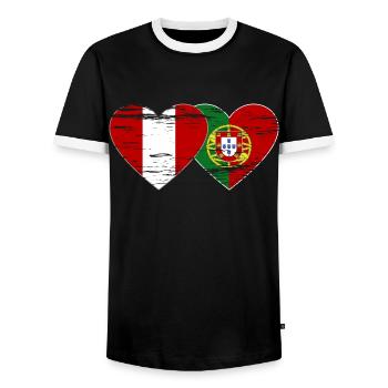 Peru Portugal Flag Heart Used - Men's Ringer Shirt - black/white - Front - AI Model Female 172 light (172cm) & AI Model Male 178 light (178cm)