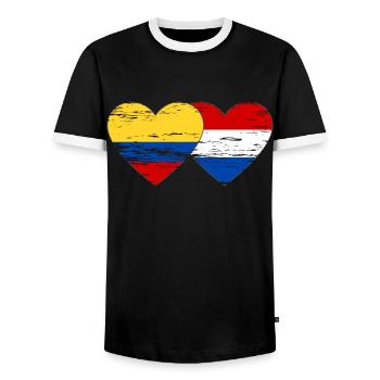 Colombia Holland Flag Heart Used - Men's Ringer Shirt - black/white - Front - AI Model Female 172 light (172cm) & AI Model Male 178 light (178cm)