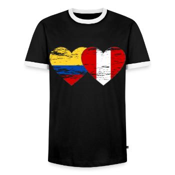 Colombia Peru Flag Heart Used - Men's Ringer Shirt - black/white - Front - AI Model Female 172 light (172cm) & AI Model Male 178 light (178cm)
