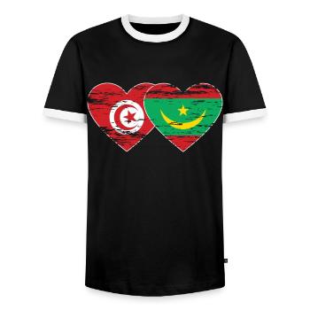 Tunisia Mauritania Flag Heart used - Men's Ringer Shirt - black/white - Front - AI Model Female 172 light (172cm) & AI Model Male 178 light (178cm)