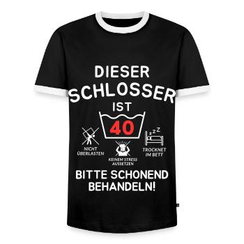 Dieser Schlosser ist 40. Schonend behandeln! - Männer Kontrast-T-Shirt - Schwarz/Weiß - Vorne - AI Model Female 172 light (172cm) & AI Model Male 178 light (178cm)