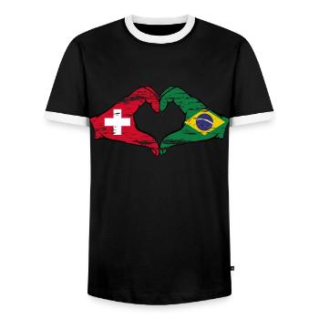 Suisse Brésil drapeau coeur forme avec la main utilisée - T-shirt contrasté Homme - noir/blanc - Devant - AI Model Female 172 light (172cm) & AI Model Male 178 light (178cm)