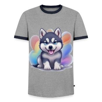 Chiot Husky Sibérien - T-shirt contrasté Homme - gris/marine  - Devant - AI Model Female 172 light (172cm) & AI Model Male 178 light (178cm)