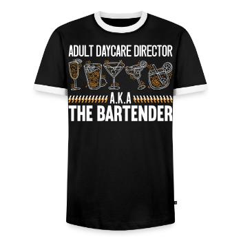 Adult Daycare Director AKA Bartender Mixologist - Men's Ringer Shirt - black/white - Front - AI Model Female 172 light (172cm) & AI Model Male 178 light (178cm)
