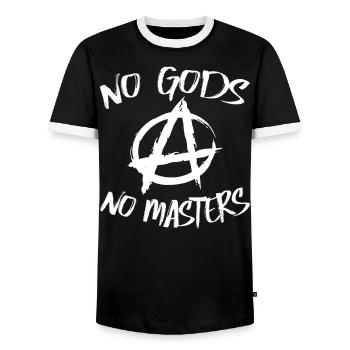 No God No Master Atheist Agnostic - Men's Ringer Shirt - black/white - Front - AI Model Female 172 light (172cm) & AI Model Male 178 light (178cm)