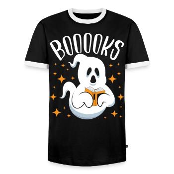 Booook's Halloween Ghost Literature - Men's Ringer Shirt - black/white - Front - AI Model Female 172 light (172cm) & AI Model Male 178 light (178cm)