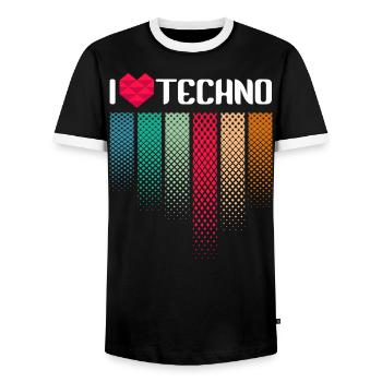 I Love Techno Musik Raver - Männer Kontrast-T-Shirt - Schwarz/Weiß - Vorne - AI Model Female 172 light (172cm) & AI Model Male 178 light (178cm)