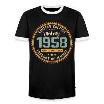Vintage 1958 1958 Birthday Gift - Men's Ringer Shirt - black/white - Front - AI Model Female 172 light (172cm) & AI Model Male 178 light (178cm)