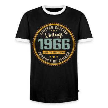Vintage 1966 Birthday Gift 1966 - Men's Ringer Shirt - black/white - Front - AI Model Female 172 light (172cm) & AI Model Male 178 light (178cm)