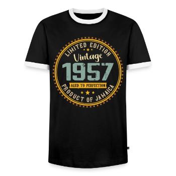 Vintage 1957 Birthday Gift 1957 - Men's Ringer Shirt - black/white - Front - AI Model Female 172 light (172cm) & AI Model Male 178 light (178cm)