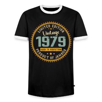 Jahrgang 1979 Geburtstagsgeschenk 1979 - Männer Kontrast-T-Shirt - Schwarz/Weiß - Vorne - AI Model Female 172 light (172cm) & AI Model Male 178 light (178cm)