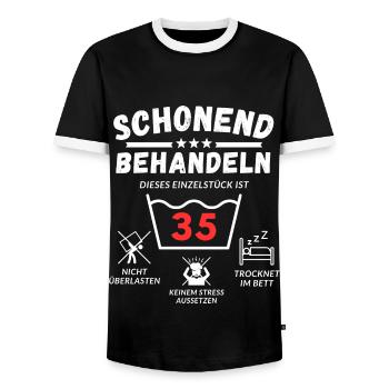 Schonend behandeln - dieses Einzelstück ist 35 - Männer Kontrast-T-Shirt - Schwarz/Weiß - Vorne - AI Model Female 172 light (172cm) & AI Model Male 178 light (178cm)