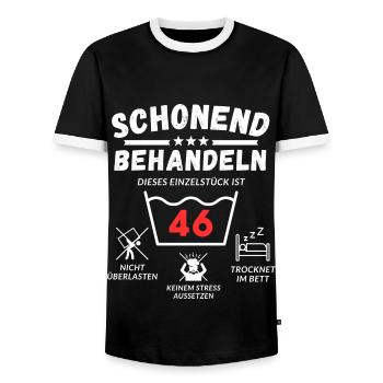 Schonend behandeln - dieses Einzelstück ist 46 - Männer Kontrast-T-Shirt - Schwarz/Weiß - Vorne - AI Model Female 172 light (172cm) & AI Model Male 178 light (178cm)